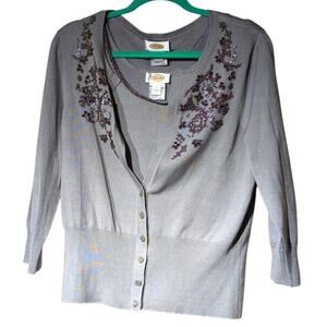 Talbots Gray Silk Blend Beaded Sweater Set Wide Rib Hem 3/4 Sleeves Women's Sz L